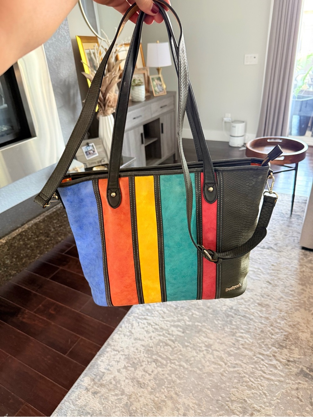 Desigual Multi-Color Striped Faux-Suede & Snakeskin Tote